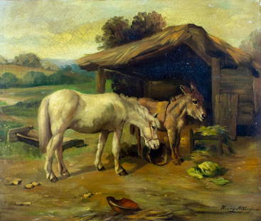 Henry Allingham (UK,20C) oil painting: ARTIST: Henry Allingham (English, 20 century) TITLE: Country Scene with Horse and Donkey MEDIUM: oil on canvas CONDITION: Unstretched (In-House stretching available). Some