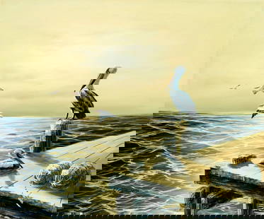 W Dawson (US,20C) oil painting: ARTIST: W Dawson (American, 20 century) TITLE: Seascape with Pelicans MEDIUM: oil on canvas CONDITION: Few small paint losses along edges. Some craquelure. No visible inpaint under UV light. ART