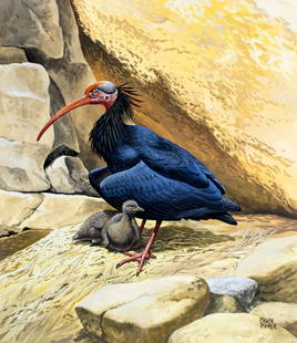 Chuck Ripper (WV,PA,1929-2019) gouache painting: ARTIST: Chuck Ripper (West Virginia, Pennsylvania, 1929 - 2019) TITLE: Bal Ibis Bird (titled on verso) YEAR: 2003 MEDIUM: gouache on board CONDITION: Few very minor paint losses. ART SIZE: 15 x 13