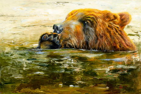 Norma Lee Pfaff (MT,b 1942) oil painting: ARTIST: Norma Lee Pfaff (Montana, born 1942) TITLE: Bear - Bath Time (titled on verso) MEDIUM: oil on canvas CONDITION: Very good. No visible inpaint under UV light. ART SIZE: 24 x 36 inches / 60 x