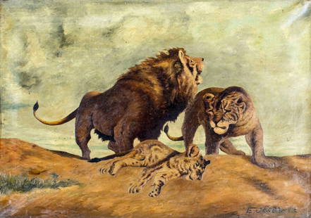 Elizabeth Jewell (WA,MA,1874-1956) oil painting: ARTIST: Elizabeth Galbraith McIntyre Jewell (Washington, Massachusetts, 1874 - 1956) NAME: Lions MEDIUM: oil on canvas CONDITION: Some yellowing of warnish. Some craquelure. No visible inpaint under