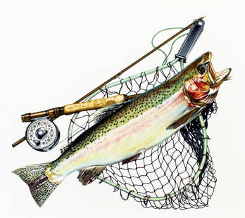 Brian Clinton (Australia,1940-?) gouache painting: ARTIST: Brian Clinton (Australian, 1940 - ???) TITLE: Trout Fishing (titled on verso) YEAR: 1979 MEDIUM: gouache on paper. Paper applied to board. CONDITION:
