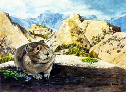 Kirk Stirnweis (NH,CO,b 1967) oil painting: ARTIST: Kirk Stirnweis (New Hampshire, Colorado, born 1967) TITLE: Pika (titled on verso) YEAR: 1987 MEDIUM: oil on board CONDITION: Very good. No visible inpaint under UV light. ART SIZE: 14 x 19