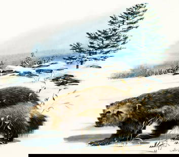 Don Balke (NC,b 1933) gouache painting: ARTIST: Don Balke (North Carolina, born 1933) TITLE: Michigan Wolverine and White Pine (titled on verso) MEDIUM: gouache and watercolor on board CONDITION: Overall good. ART SIZE: 12 x 14 inches / 30