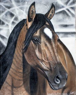 Lyudmila Litvinova (Russia,b 1991) acrylic painting: ARTIST: Lyudmila Litvinova (Russian, born 1991) TITLE: Horse (titled on verso) MEDIUM: acrylic on canvas CONDITION: Unstretched (In-House stretching available). Very good. N