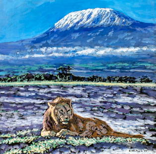 Evelyn Metzger (NY,Brazil,1911-2007) oil painting: ARTIST: Evelyn Borchard Metzger (New York, Brazilian, 1911 - 2007) TITLE: Kilimanjaro Lion, Tanzania (titled on verso) YEAR: 1996 MEDIUM: oil on board CONDITION