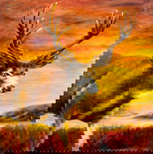 Norma Lee Pfaff (MT,b 1942) oil painting: ARTIST: Norma Lee Pfaff (Montana, born 1942) TITLE: Deer - Sunset in Eastern Montana (titled on verso) MEDIUM: oil on canvas CONDITION: Very minor paint losses along edges.