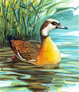Morozov (Russia,20C) gouache painting: ARTIST: Morozov (Russian, 20 century) TITLE: Egyptian Goose, Uganda (titled on verso) YEAR: 1991 MEDIUM: gouache on heavy paper CONDITION: Few small crea