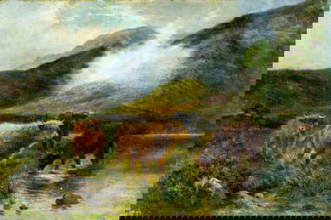 Antique 19C British oil painting signed: ARTIST: - (United Kingdom, 19 century) TITLE: Mountain Landscape with Cows MEDIUM: oil on canvas CONDITION: Relined. Some damages to canvas along edges. Some small scrat
