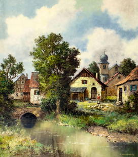 J Hohenberger (German,1911-?) oil painting: ARTIST: J Hohenberger (Germany, 1911 - ???) TITLE: Village River Landscape MEDIUM: oil on canvas CONDITION: Unstretched (In-House stretching available). Minor paint losses