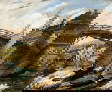 Vintage mid 20C European oil painting signed antique: ARTIST: - (Europe, mid 20 century) TITLE: Medieval Cityscape with Bridge YEAR: 1851 MEDIUM: oil on canvas CONDITION: Restretched. Relined. Few small sc