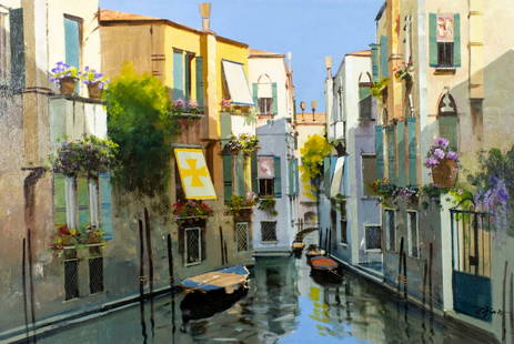 Raimondo Roberti (Italy,1947-?) oil painting: ARTIST: Raimondo Roberti (Italian, 1947 - ???) TITLE: Venice Canal Cityscape, Italy MEDIUM: oil on canvas CONDITION: Unstretched (In-House stretching available). Very good