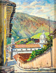 Giovanni Di Munno (Italy,Venezuela,20C) oil painting: ARTIST: Giovanni Di Munno (Italian, Venezuelan, 20 century) TITLE: Cityscape - Tovar, Merida, Venezuela (titled on verso) YEAR: 1975 MEDIUM: oil on canvas CONDITI