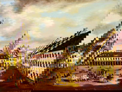 Richard Vojnits (Hungary,1942-?) oil painting: ARTIST: Richard Vojnits (Hungarian, 1942 - ???) TITLE: Cityscape MEDIUM: oil on board CONDITION: Few minor scratches/paint losses. Some inpaintings by the lower edge.