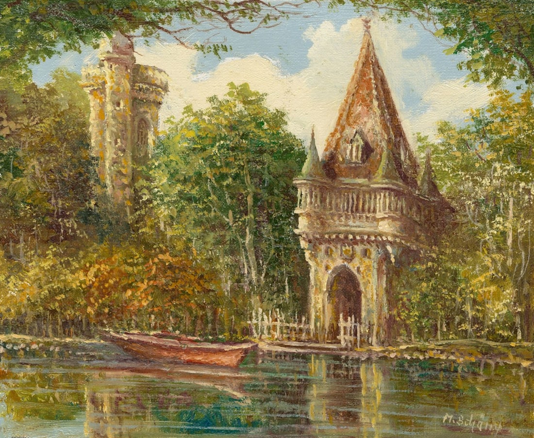 M Schony (German,1913-?) oil painting: ARTIST: M Schony (Germany, 1913 - ???) TITLE: Luxembourg near Vienna, Austria MEDIUM: oil on canvas CONDITION: Unstretched (In-House stretching available). Overall good. N