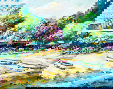 Lisandro Baylon (Argentina,US,1951-?) oil painting: ARTIST: Lisandro Lopez Baylon (Argentinian, American, 1951 - ???) TITLE: Coastal Cityscape with Boats MEDIUM: oil on canvas CONDITION: Unstretched (In-House stretching ava