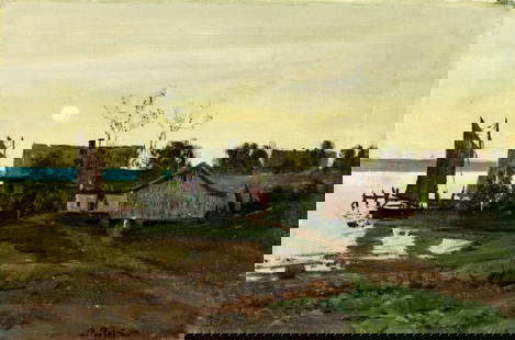 Per Petri (Norway,1869-1953) oil painting: ARTIST: Per Petri (Norwegian, 1869 - 1953) TITLE: Sunset Harbor Scene with Sailboats MEDIUM: oil on canvas CONDITION: Two patches. Few small paint losses. Some scattered s