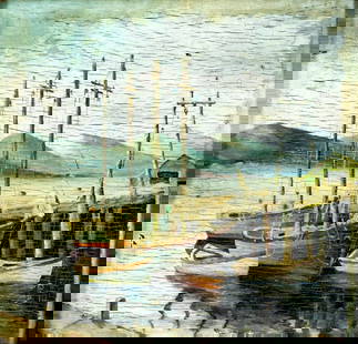 G Rohrer (US,early 20C) oil painting antique: ARTIST: G Rohrer (American, early 20 century) TITLE: Harbor Scene MEDIUM: oil on board CONDITION: Some small scratches/paint losses. Some craquelure. No visible inpaint unde