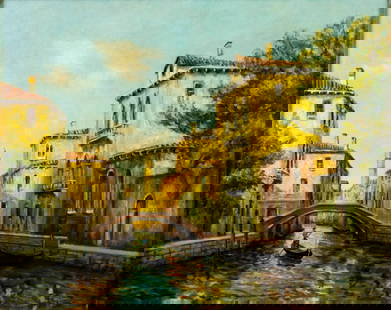 Jean Beaufort (France,NY,1895-?) oil painting: ARTIST: Jean Beaufort (French, New York, 1895 - ???) TITLE: Venice Cityscape, Italy MEDIUM: oil on canvas CONDITION: Few minor paint losses along edges. Minor craquelure.