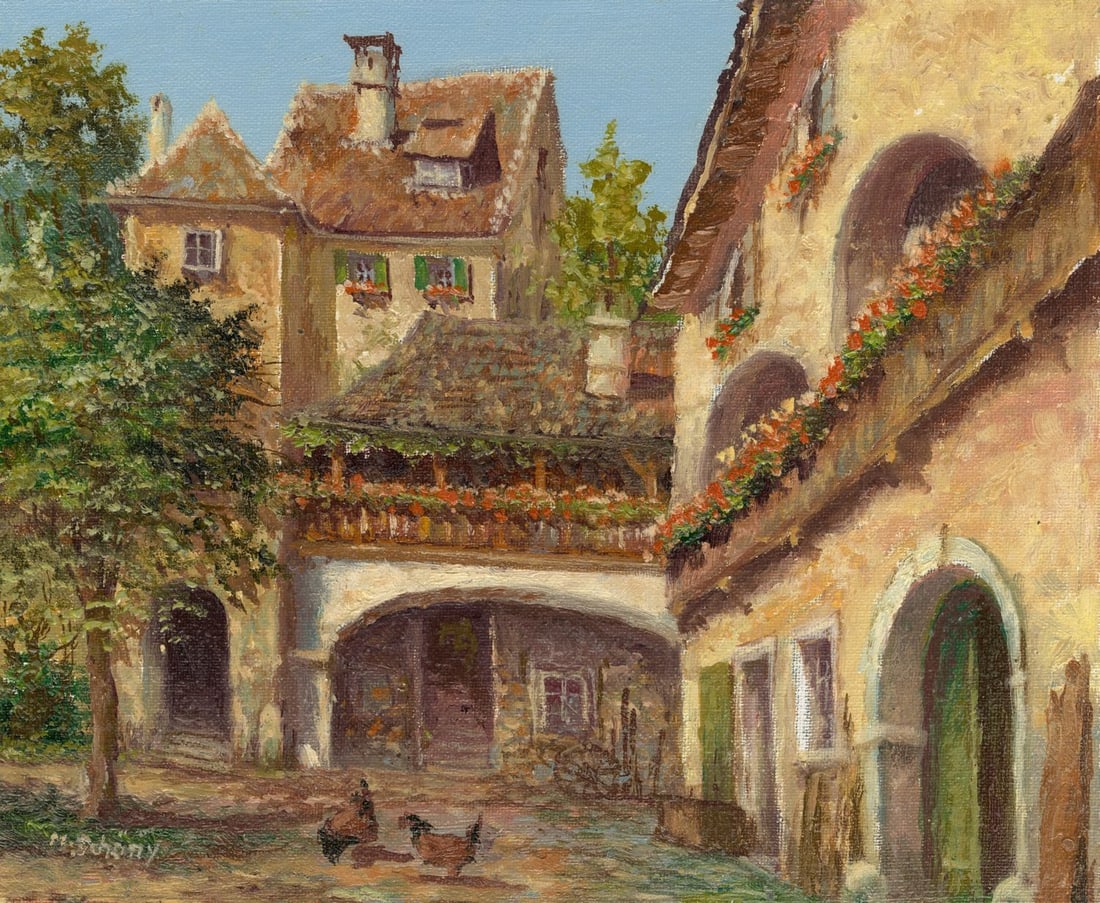 M Schony (German,1913-?) oil painting: ARTIST: M Schony (Germany, 1913 - ???) TITLE: Cityscape - Limburg, Swabian Alb, Germany MEDIUM: oil on canvas CONDITION: Unstretched (In-House stretching available). Overa