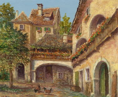 M Schony (German,1913-?) oil painting: ARTIST: M Schony (Germany, 1913 - ???) TITLE: Cityscape - Limburg, Swabian Alb, Germany MEDIUM: oil on canvas CONDITION: Unstretched (In-House stretching available). Overa