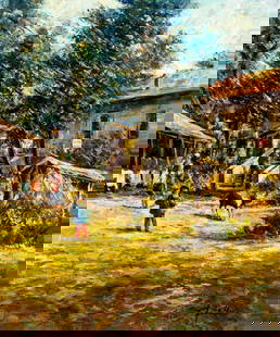 Gustavo Bellusci (Italy,1945-?) oil painting: ARTIST: Gustavo Bellusci (Italian, 1945 - ???) TITLE: Village Scene MEDIUM: oil on canvas CONDITION: Unstretched (In-House stretching available). Missing a few flakes of p