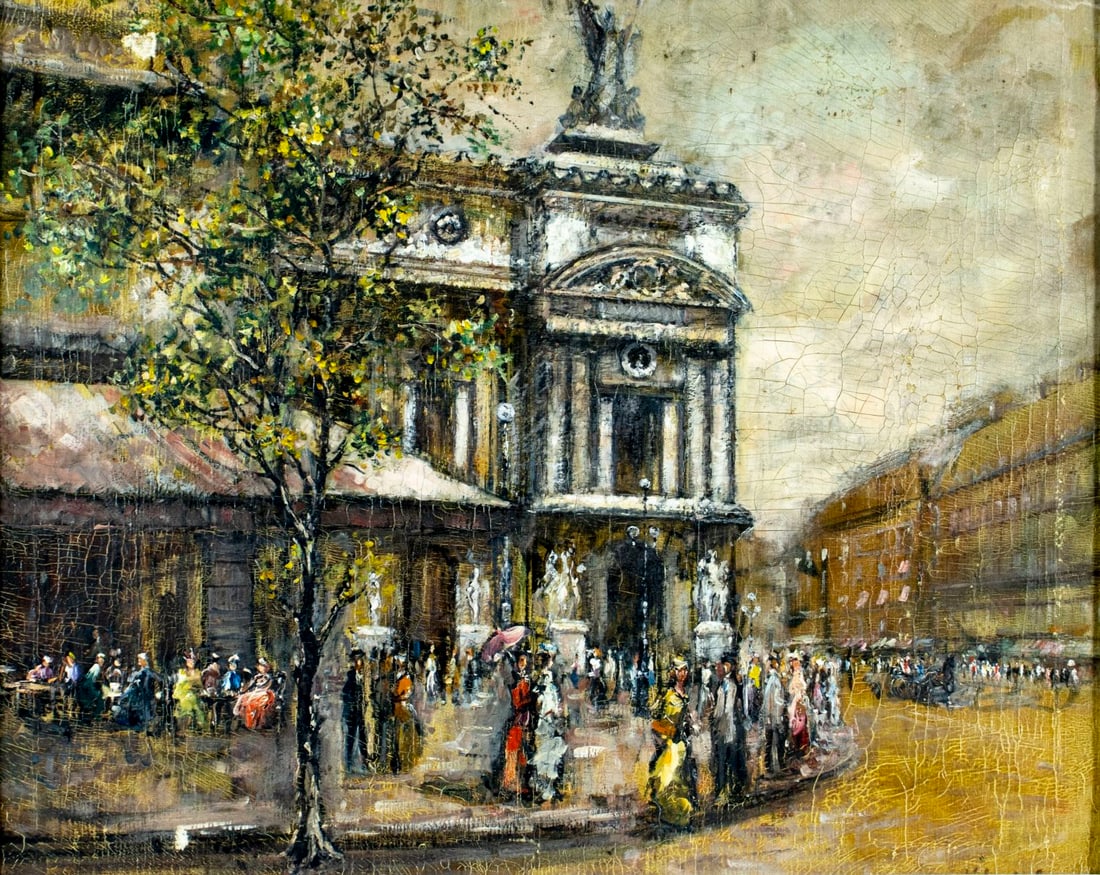 V Lebot (France,mid 20C) oil painting: ARTIST: V Lebot (French, mid 20 century) TITLE: Paris Cityscape, France MEDIUM: oil on canvas CONDITION: One small patch. Some scratches/paint losses. Some craquelure. No vi