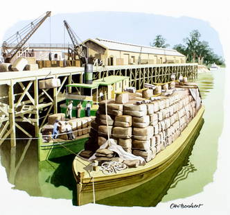 Otto Borchert (Australia,20C) watercolor painting: ARTIST: Otto Borchert (Australian, 20 century) TITLE: The Great Wharf, Echuca, Victoria MEDIUM: watercolor on board CONDITION: Minor damages to corners. ART SIZE: 12 x 14 inches / 30 x 35 cm BOARD