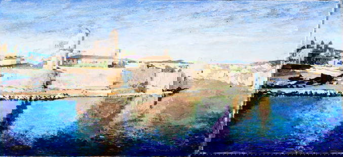 Serge Gomez (French,1941-?) oil painting: ARTIST: Serge Gomez (France, 1941 - ???) TITLE: Cityscape with River MEDIUM: oil on board CONDITION: Overall good. No visible inpaint under UV light. ART SIZE: 5 x 10 inches / 12 x 25 cm FRAME