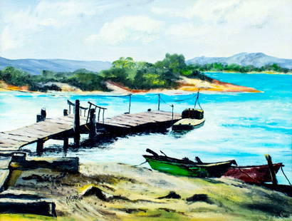 Asia Good (MA,20C) oil painting: ARTIST: Asia Good (Massachusets, 20 century) NAME: Boats at Dock (titled on verso) YEAR: 1974 MEDIUM: oil on canvas board CONDITION: Very good. No visible inpaint under UV light. SIGHT SIZE: 12 x 16