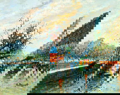 A Bouget (France,20C) oil painting: ARTIST: A Bouget (French, 20 century) TITLE: Evening Cityscape MEDIUM: oil on canvas CONDITION: Unstretched (In-House stretching available). Overall good. No visible inpaint under UV light. ART SIZE: