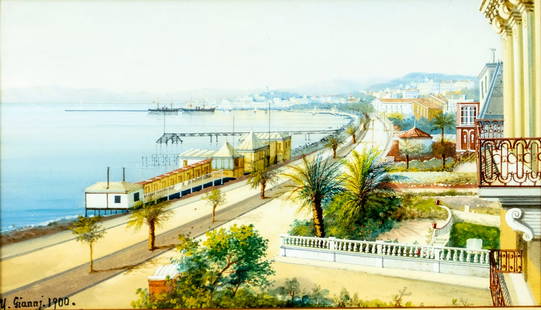 Yves Gianni (Italy,19/20C) watercolor painting antique: ARTIST: Yves Gianni (Italian, 19/20 centuries) TITLE: Coastal Cityscape YEAR: 1900 MEDIUM: watercolor on paper CONDITION: Some age toning. Framed under g