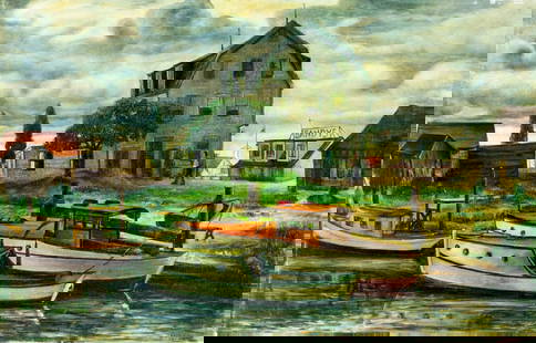 Rosario Gerbino (NY,Italy,1900-1972) oil painting antique: ARTIST: Rosario Urbino Gerbino (New York, Italian, 1900 - 1972) TITLE: Harbor Scene YEAR: 1942 MEDIUM: oil on canvas CONDITION: Minor damages to the right edge of the canvas. Few minor