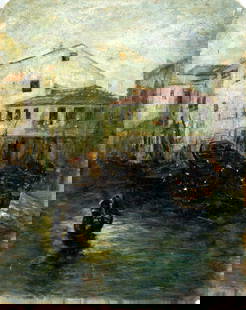 Antique early 20C European oil painting: ARTIST: - (Europe, early 20 century) TITLE: Harbor Scene MEDIUM: oil on board CONDITION: Some damages to corners. Some scratches/paint losses. Some scattered inpaintings.