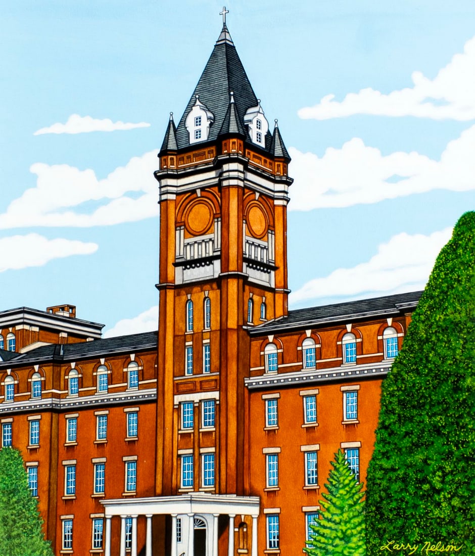 Larry Nelson (US,20C) mixed media painting: ARTIST: Larry Nelson (American, 20 century) TITLE: OKane Hall - Holy Cross College (titled on verso) YEAR: 1993 MEDIUM: mixed media on board CONDITION: V