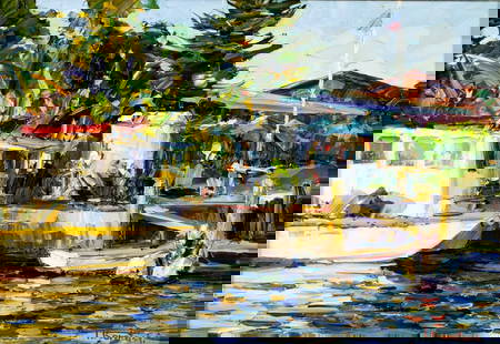 Ihor Korotash (NY,Ukraine,b 1957) acrylic painting: ARTIST: Ihor Korotash (New York, Ukrainian, born 1957) TITLE: Harbor Scene MEDIUM: acrylic on canvas CONDITION: Very good. No visible inpaint under UV light. ART SIZE: 14 x 20 inches / 35 x 50 cm