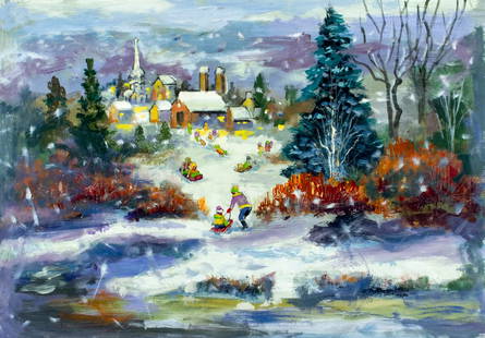 John Reilly (NY,NJ,1942-2021) oil painting: ARTIST: John Reilly (New York, New Jersey, 1942 - 2021) TITLE: Winter Village Scene MEDIUM: oil on board CONDITION: Minor damages to the left corners. Some scratches/paint