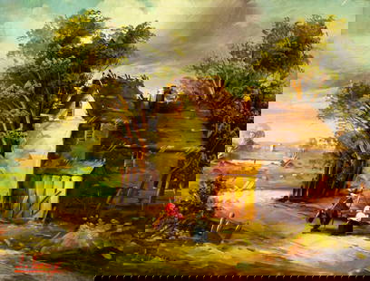L Lobray (Europe,20C) oil painting: ARTIST: L Lobray (European, 20 century) TITLE: Village Landscape MEDIUM: oil on canvas CONDITION: Unstretched (In-House stretching available). Few small paint losses. Some c