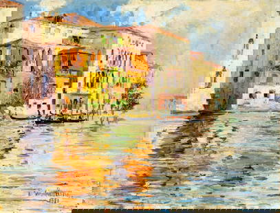 Maria Louguinine-Wolkonsky (Russia,France,1875-1960) oil painting antique: ARTIST: Maria Louguinine - Wolkonsky (Russian, French, 1875 - 1960) TITLE: Venice Canal Cityscape, Italy YEAR: 1921 MEDIUM: oil on canvas CONDITION: On