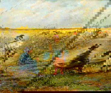 Antique early 20C Hungarian oil painting signed: ARTIST: - (Hungary, early 20 century) TITLE: Farm Scene MEDIUM: oil on canvas CONDITION: Some repaired tears. Few small paint losses. Some craquelure. Some scattered inpai