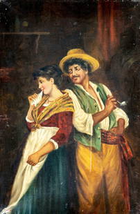 G Reni (Italy,early 20C) oil painting antique: ARTIST: G Reni (Italian, early 20 century) TITLE: Courting Couple MEDIUM: oil on canvas CONDITION: One patch. Some scratches/paint losses. Minor craquelure. Some scattered i