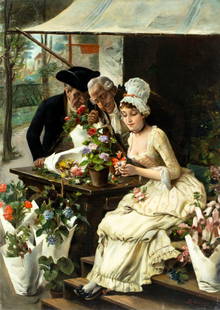 La Marsano (Europe,19/20C) oil painting antique: ARTIST: La Marsano (European, 19/20 centuries) TITLE: Flower Shop Scene MEDIUM: oil on canvas CONDITION: Relined. Missing a few flakes of paint. Minor craquelure. Some scat
