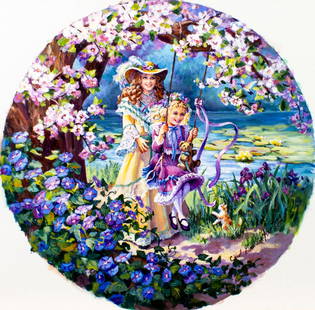 Carol Graham Armstrong (US,20C) oil painting: ARTIST: Carol Graham Armstrong (American, 20 century) TITLE: Mother and Daughter Playing on the Old-Fashioned Swing in the Garden YEAR: 1994 MEDIUM: oil on canvas