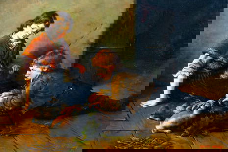 Yullei Gregg (US,20C) oil painting: ARTIST: Yullei Gregg (American, 20 century) TITLE: Children Playing with Rabbits MEDIUM: oil on canvas CONDITION: Very minor craquelure. No visible inpaint under UV light.