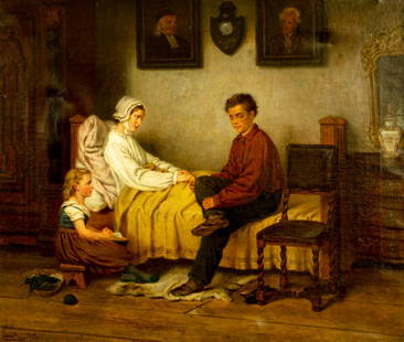 Gernalt Von Emil (German,19C) oil painting antique: ARTIST: Gernalt Von Emil (Germany, 19 century) TITLE: Matterliche Ermahnung YEAR: 1873 MEDIUM: oil on canvas CONDITION: Missing a few flakes of paint. Ve