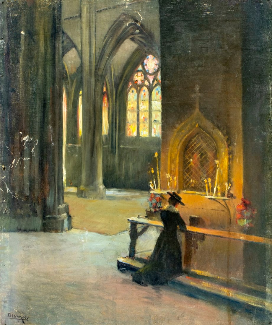 Lucien Blumer (France,1871-1947) oil painting antique: ARTIST: Lucien Charles Blumer (French, 1871 - 1947) TITLE: Praying Woman MEDIUM: oil on canvas CONDITION: One patch. Some nail holes mostly along edges. Some scratches/pai