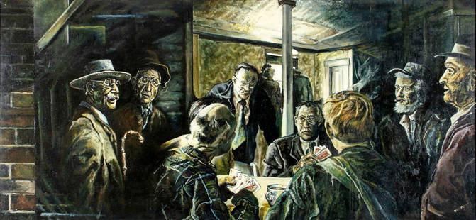 Dave Perry (US,20C) oil painting: ARTIST: Dave Perry (American, 20 century) TITLE: Poker Scene MEDIUM: oil on canvas CONDITION: Minor paint losses mostly along edges. Some craquelure. Some scattered small in