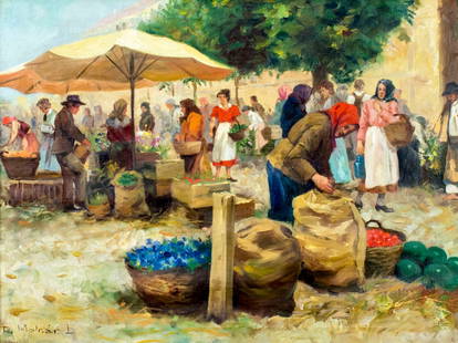 Roza Molnar (Hungary,1900-1977) oil painting: ARTIST: Roza Molnar (Hungarian, 1900 - 1977) TITLE: Market Scene MEDIUM: oil on canvas CONDITION: Three patch repairs with corresponding inpaintings. Small paint losses. M