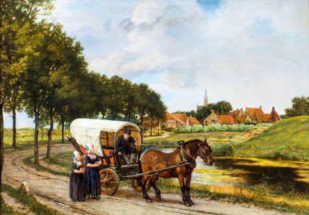 John Evan Hodgson (UK,1831-1895) oil painting antique: ARTIST: John Evan Hodgson (British, 1831 - 1895) TITLE: Village Scene with Horse Drawn Carriage YEAR: 1882 MEDIUM: oil on board CONDITION: Board has hori