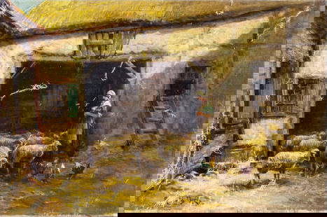 Arthur Diehl (MA,NY,UK,1870-1929) oil painting antique: ARTIST: Arthur Vidal Diehl (Massachusetts, New York, british, 1870 - 1929) NAME: Barnyard Scene MEDIUM: oil on canvas CONDITION: Relined. Restretched. Some paint losses (see pictures careful